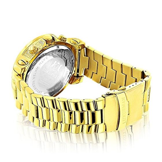 Luxurman Watch Mens Oversized Real Diamond Watch 0.75ct Yellow Gold Chronograph 2