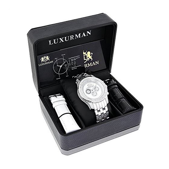 Luxurman Mens Real Diamond Watch 0.50 ct White Mother of Pearl Chronograph 4