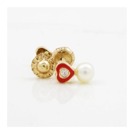 14K Yellow gold Heart cz pearl stud earrings for Children/Kids web132 2