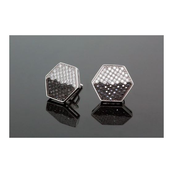 .925 Sterling Silver White Hexagon White and Black Onyx Crystal Micro Pave Unisex Mens Stud Earrings