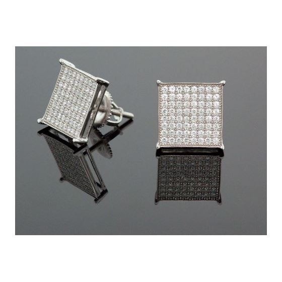 .925 Sterling Silver White Square White Crystal Micro Pave Unisex Mens Stud Earrings 2