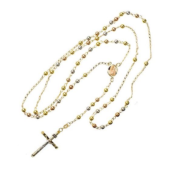 14K 3 TONE Gold HOLLOW ROSARY Chain - 30 Inches Long 4MM Wide 2