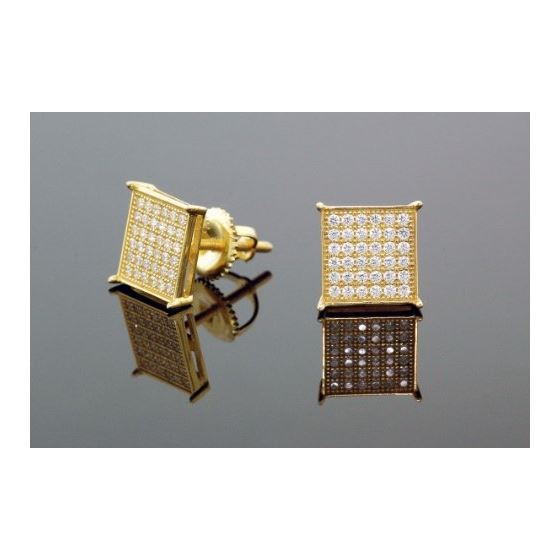 .925 Silver Yellow Square White Crystal Micro Pave Unisex Mens Stud Earrings 10mm 2