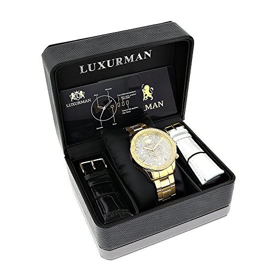 Luxurman Liberty Mens Genuine Diamond Watch 0.2ct Yellow Gold Plated Band 4