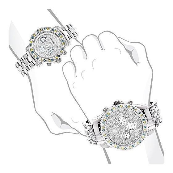 His and Hers White Blue Yellow Diamond Watch Set 5.25ct Luxurman Stainless Steel 4
