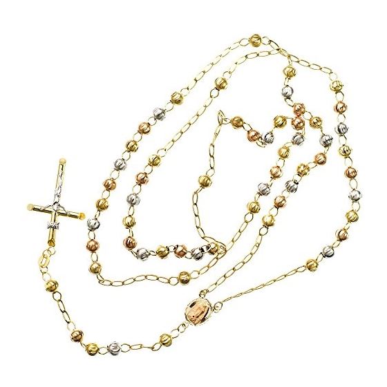 10K 3 TONE Gold HOLLOW ROSARY Chain - 28 Inches Long 5MM Wide 2