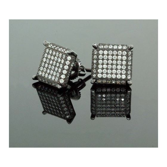 .925 Sterling Silver Black Square White Crystal Micro Pave Unisex Mens Stud Earrings 2