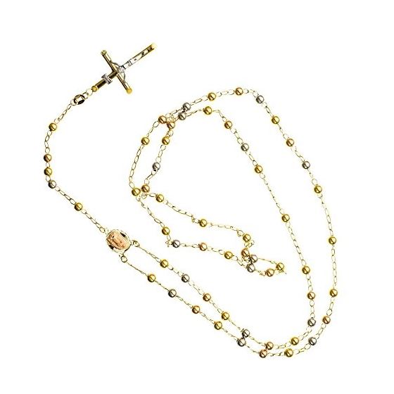 10K 3 TONE Gold HOLLOW ROSARY Chain - 28 Inches Long 4MM Wide 2