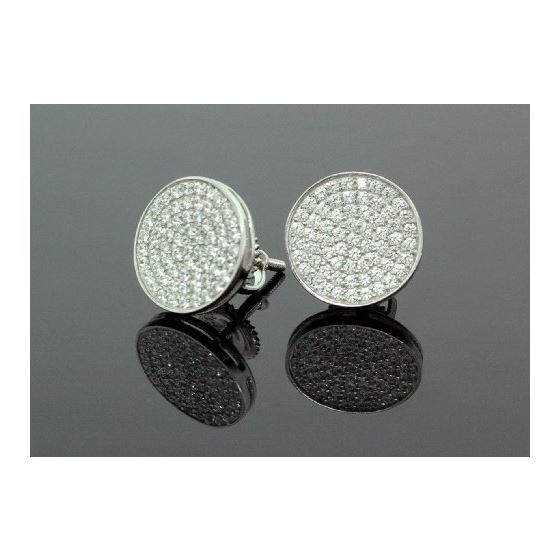 .925 Sterling Silver White Circle White Crystal Micro Pave Unisex Mens Stud Earrings 2