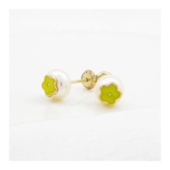 14K Yellow gold Pearl flower stud earrings for Children/Kids web2 4