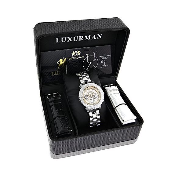 Luxurman Ladies MOP Real Diamond Watch 0.3ct Two Tone Interchangeable Straps 4