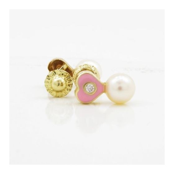 14K Yellow gold Heart pearl cz stud earrings for Children/Kids web173 2