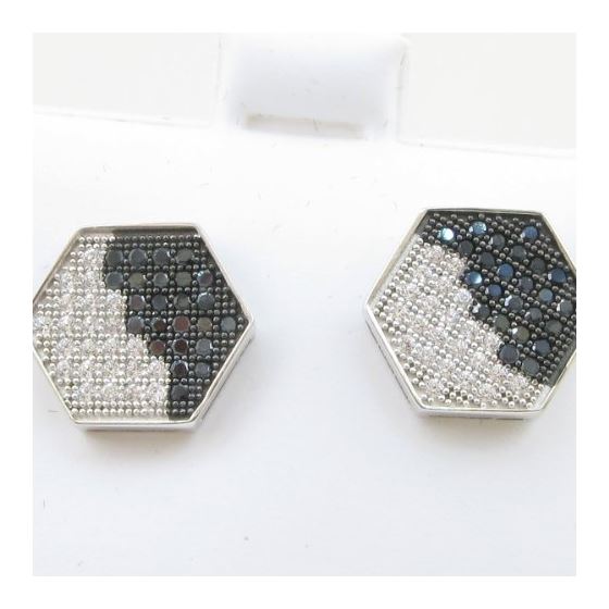 Mens .925 sterling silver White and black hexagon earring 1 MLCZ218 3mm thick and 12mm wide Size 2