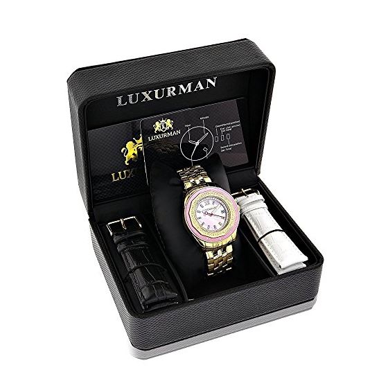 Yellow Gold Plated Ladies Real Diamond Pink Watch 0.25ct Luxurman Steel Band 4