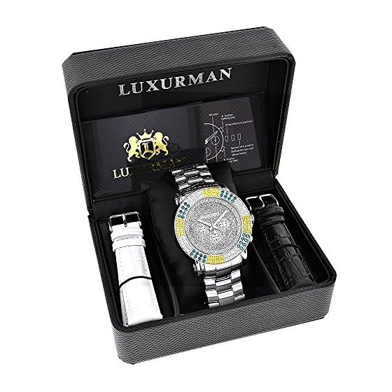 Large Escalade Mens Multicolor White Yellow Blue Diamond Watch 4.3ct by Luxurman 4