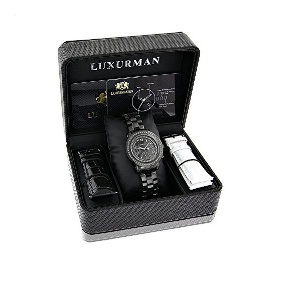 Luxurman Watches: Ladies Black Genuine Diamond Watch 2.15ct MOP Chronograph 4