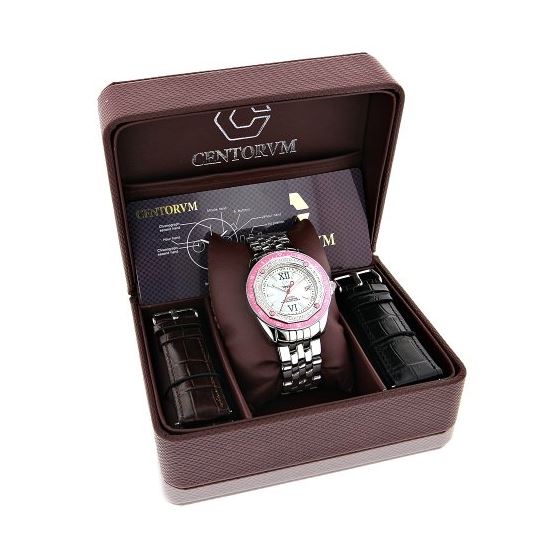 Pink Watches: Falcon Ladies Real Diamond Watch 0.50ct White MOP Leather Bands 4