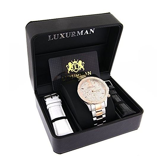 Luxurman Mens Real Diamond Watch Two-Tone White Rose Gold Liberty Leather Straps 4