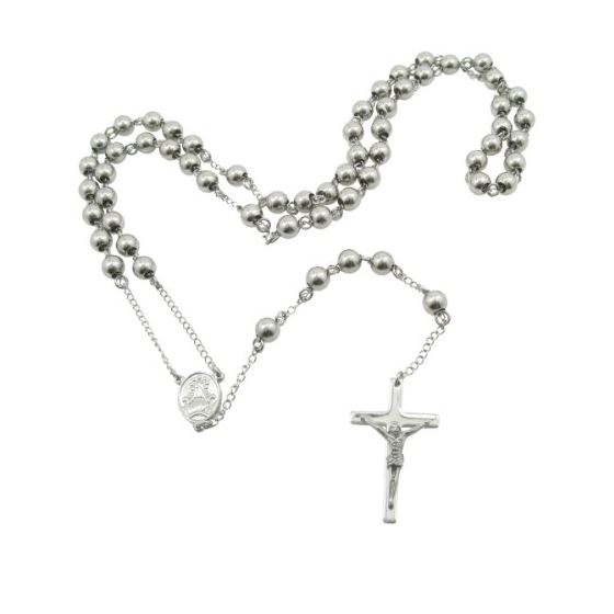 Mens Stainless Steel Silver Tone Rosary Chain Necklace with Cross 8MM 2