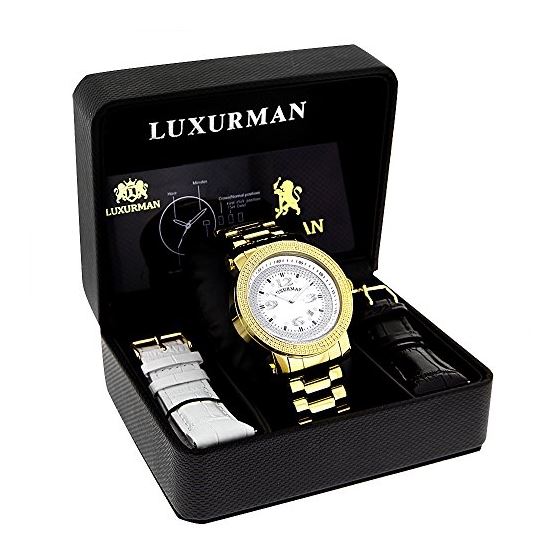 Luxurman Mens Real Diamond Watch Yellow Gold Plated 0.12ct with Extra Bands 4