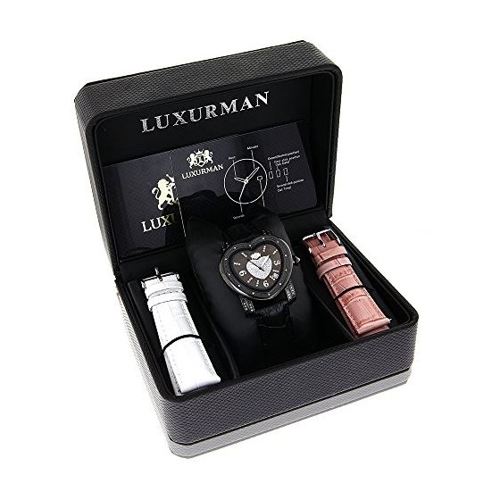 Luxurman Ladies Diamond Heart Watch 0.25ct Black MOP Paved in Sparkling Stones 4