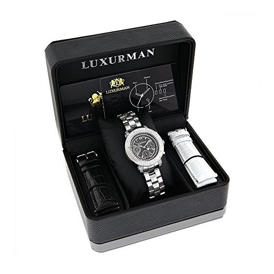 Ladies Genuine Diamond Watch by LUXURMAN 0.3ct Black MOP Chronograph Steel Band 4
