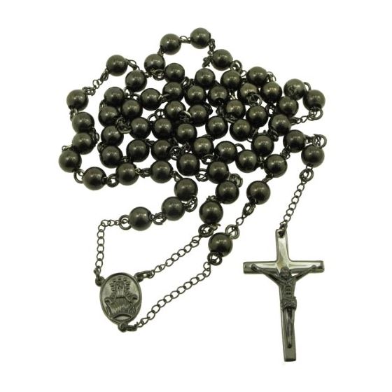 "Mens Black Stainless Steel Rosary Necklace with Cross - 32"" 2"