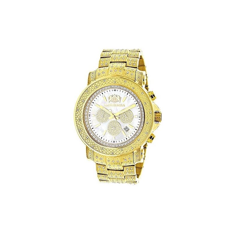 Luxurman Escalade Large Iced Out Mens Diamond Watch Yellow Gold White MOP 2ct