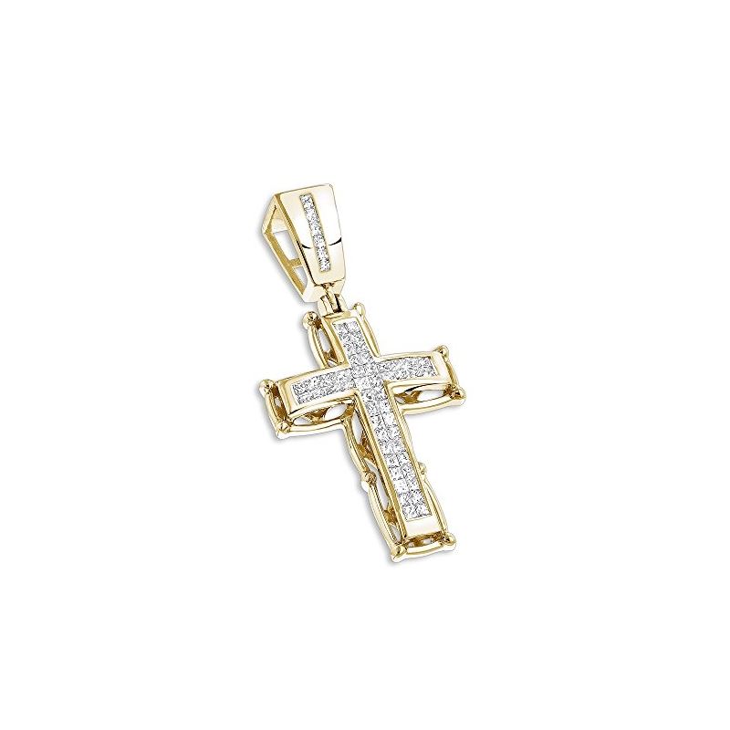 14K Mens Cross Pendant Princess Cut Natural 1 Ctw