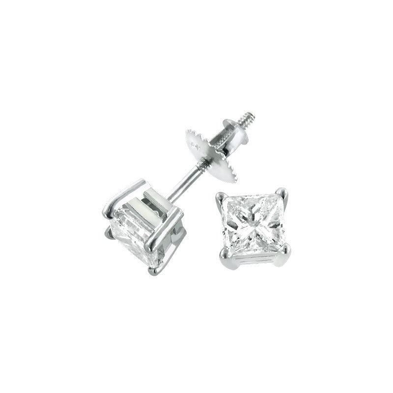 Ladies Princess Cut Natural Diamond Platinum Stud