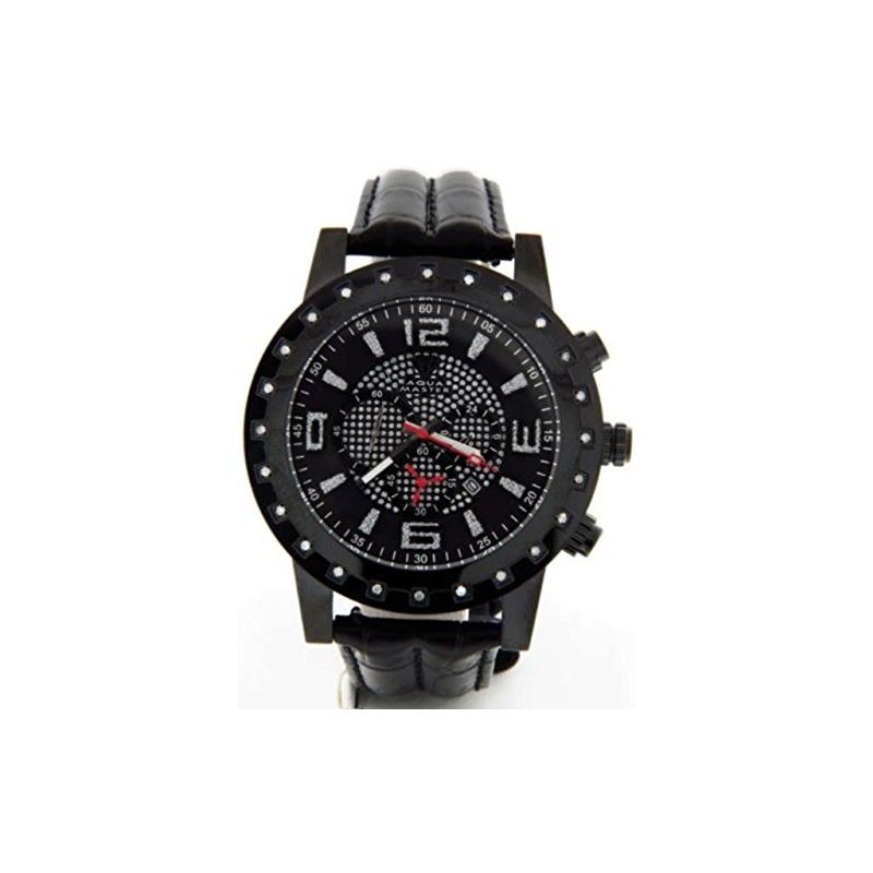 Mens Black Chrono Dial Black Leather Quartz Diamon