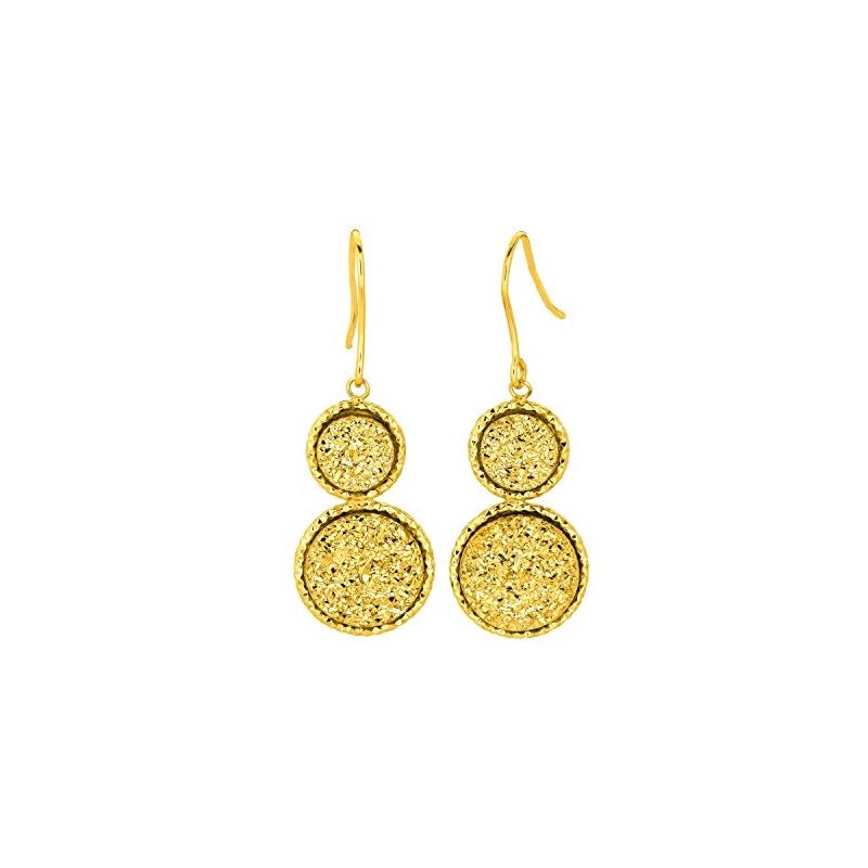 14K Yellow Gold Textured 2 Drop Disc Earring With