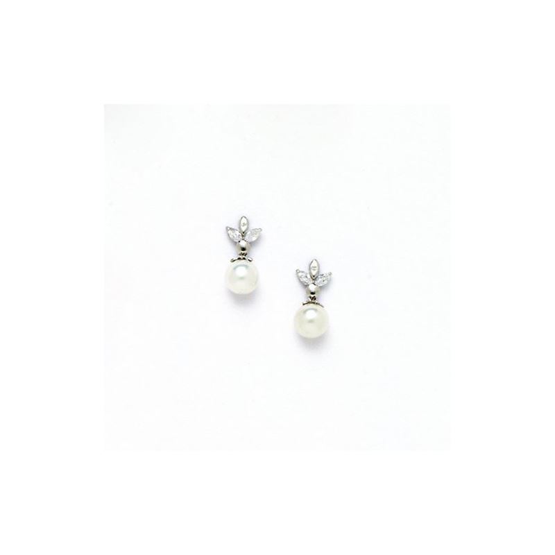 14K White Gold genuine pearl and cz earr 65438 1